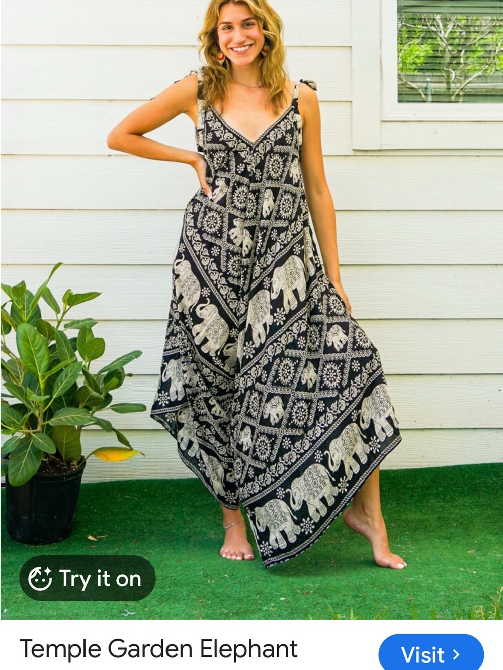 Temple Garden Elephant Black & White Maxi Dress